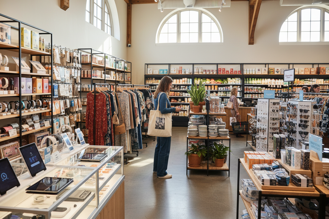 Crea una imagen de una persona que esta comprando productos en una tienda en donde venden todo tipo de productos